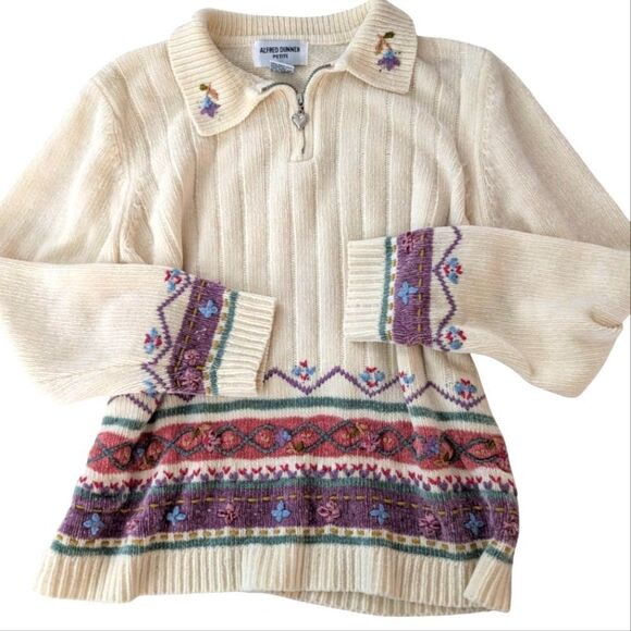 Vintage 90s Alfred Dunner Quarter Zip Floral Pastel Chenille Sweater Womens - Picture 1 of 8
